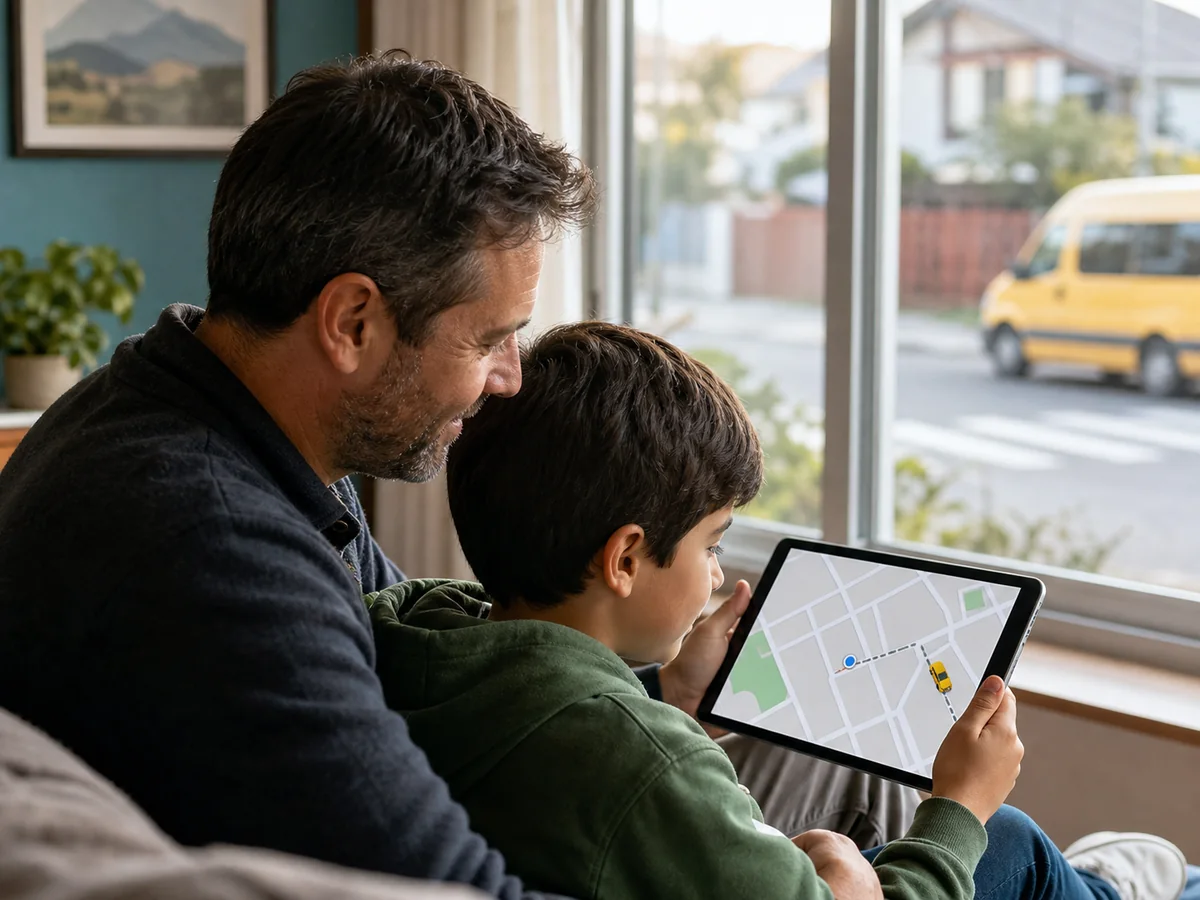 Padre e hijo siguiendo en vivo el recorrido del furgón escolar