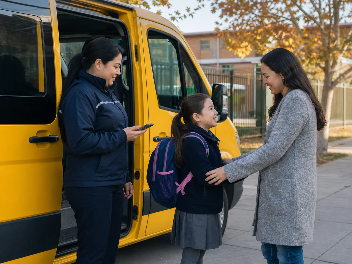 Conductora entregando una estudiante a su adulta responsable